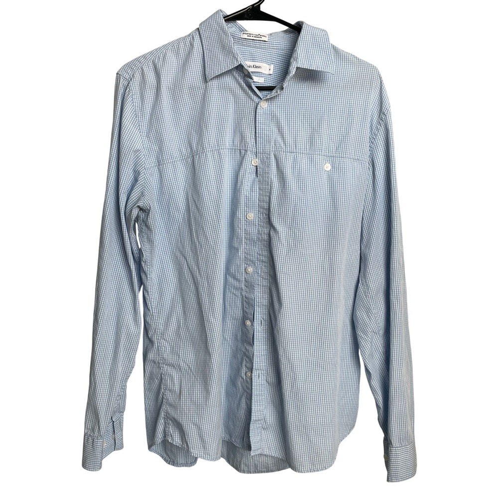 Calvin Klein Slim Fit Blue White Dress Shirt Collared Long Sleeve Men's‎ Medium